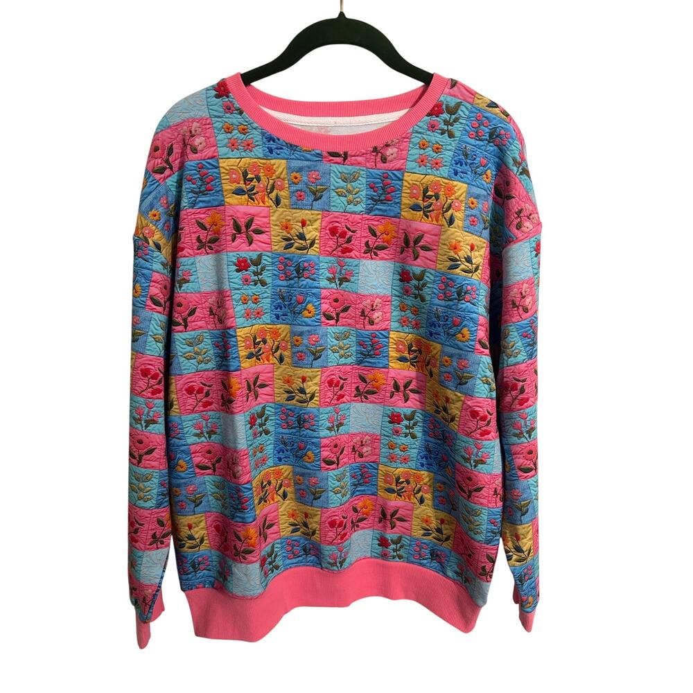 Ravie Threads Pink Bright Colorful Quilted Style Cotton Crewneck Sweatshirt